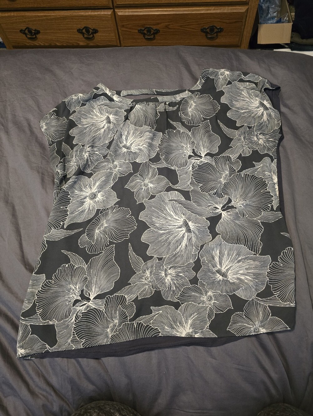LOFT Black Short Sleeve Top with White Floral Outline